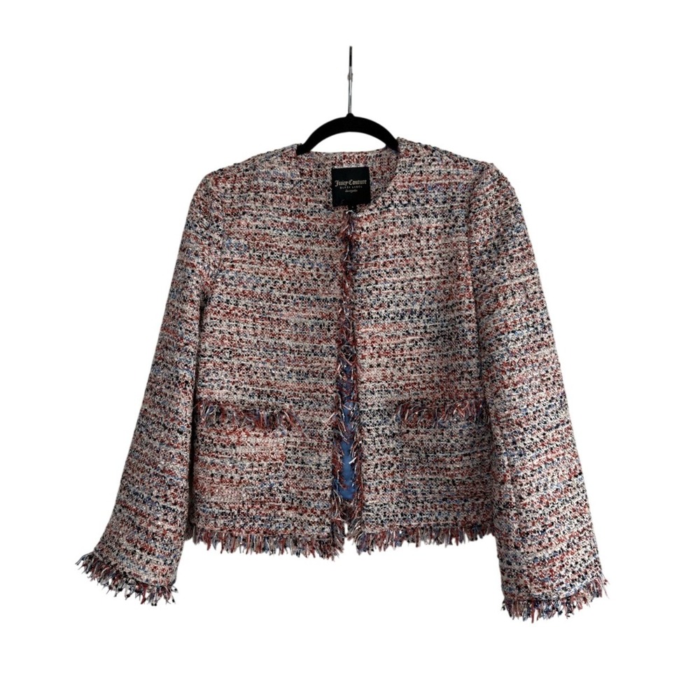 Juicy Couture Black Label Tweed Fringe Jacket Orange Blue Tan Small Y2K Preppy‎